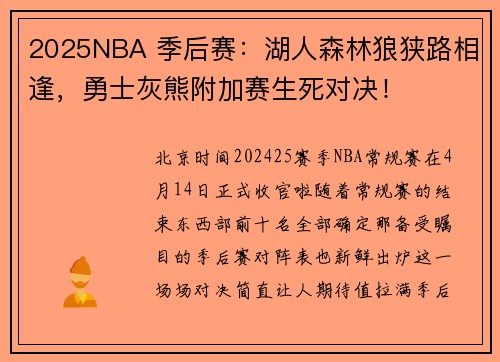 2025NBA 季后赛：湖人森林狼狭路相逢，勇士灰熊附加赛生死对决！